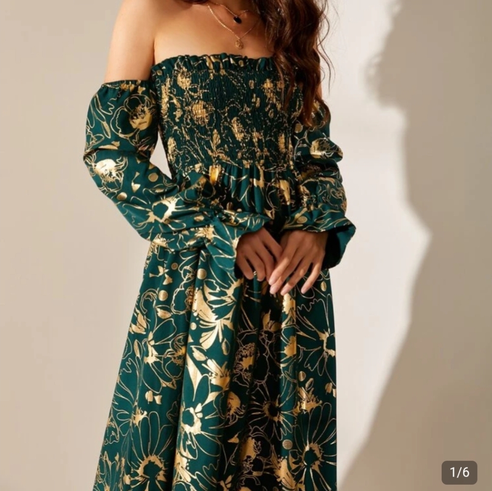 SHEIN Green and Gold Strapless Floral Dress